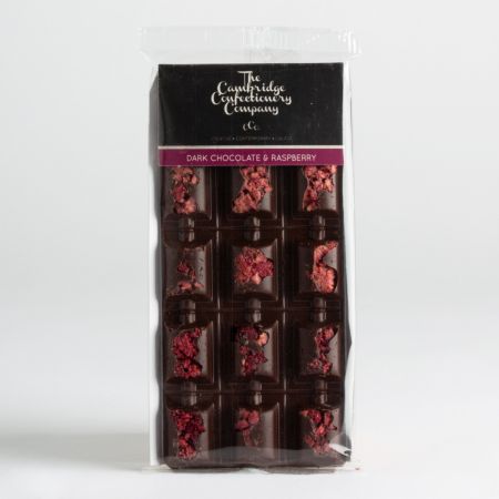 90g The CCC Dark Chocolate with Raspberry Bar, part of luxury gift hampers at hampers.com